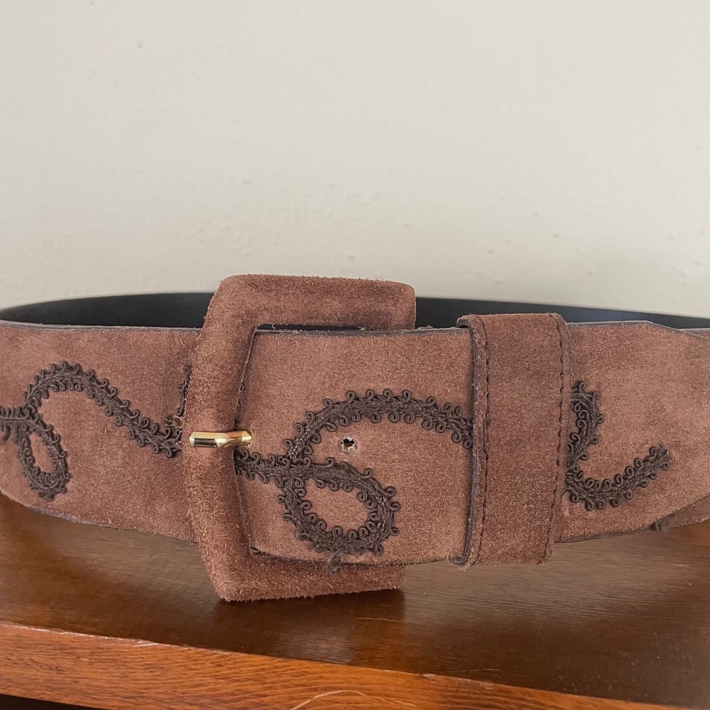 Vintage MAX MARA Belt Microsuede Embroidered‎ Loop Design Wide Big Buckle *READ